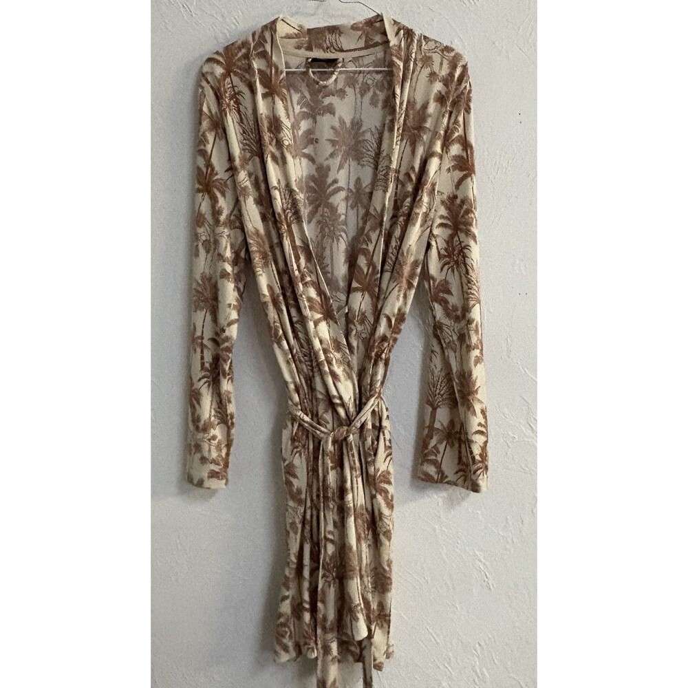 BumbleBella by Jill Martin Women’s Palm Tree Robe Beige/Brown V-Neck Tie L